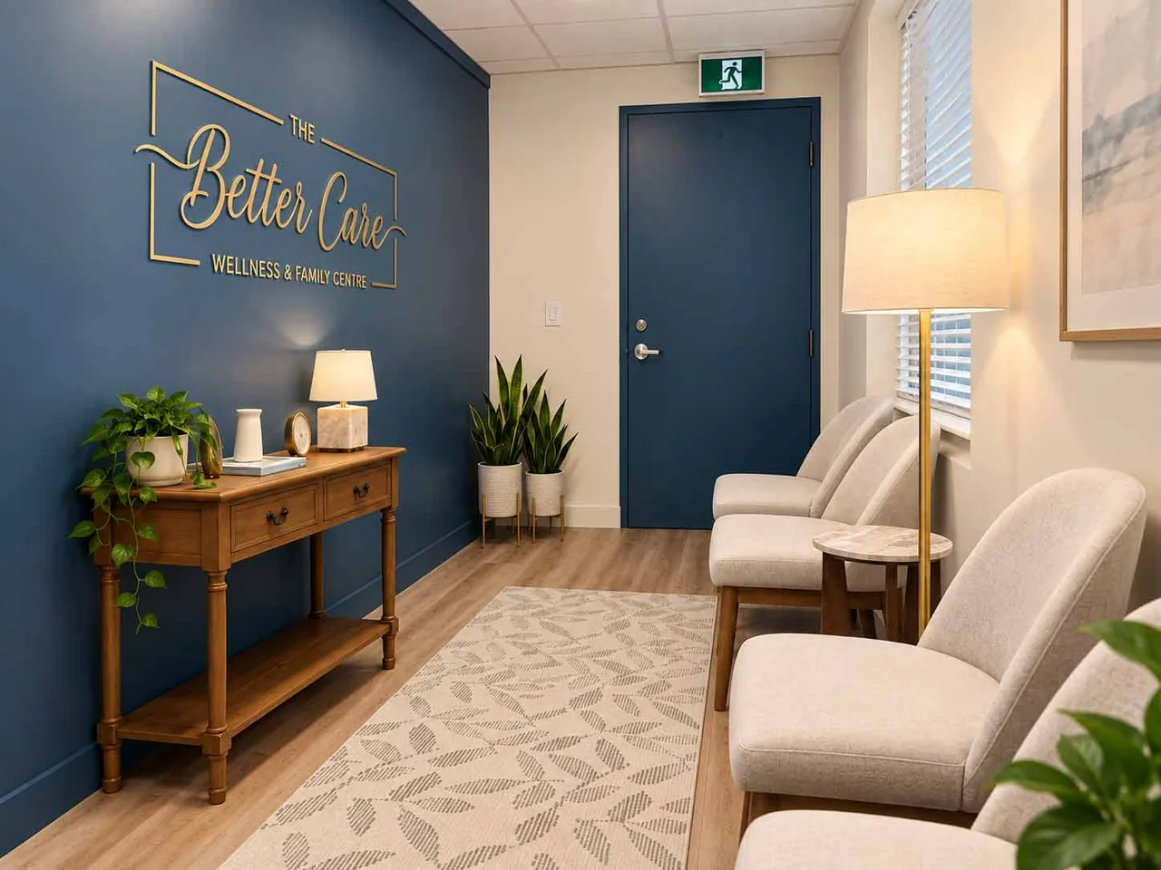 The Better Care reception with the clinic's gold logo, navy wall and upholstered seating.